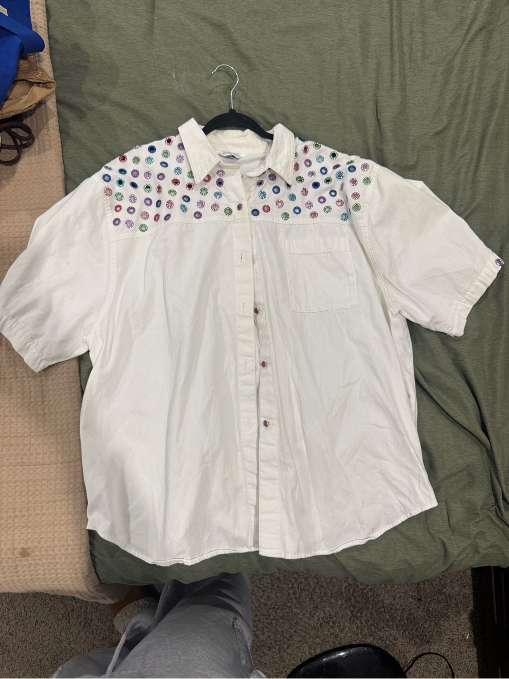 White Short-Sleeve Button-Up Shirt with Multicolor Embellished Yoke